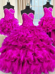 Admirable Four Piece Three Pieces 15 Quinceanera Dress Fuchsia Sweetheart Organza Sleeveless Floor Length Lace Up