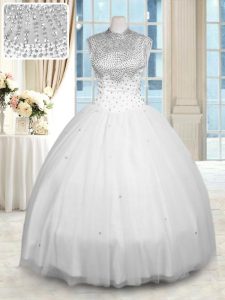 High-neck Sleeveless Zipper Quince Ball Gowns White Tulle