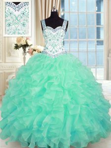 Turquoise Lace Up Sweet 16 Dress Beading and Appliques and Ruffles Sleeveless Floor Length