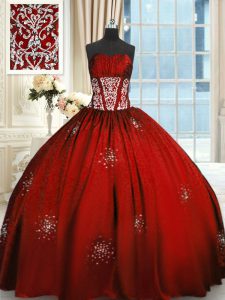 Fashion Floor Length Lace Up Vestidos de Quinceanera Wine Red for Military Ball and Sweet 16 and Quinceanera with Beading and Appliques and Ruching
