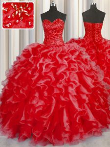 Stunning Halter Top Sleeveless Sweet 16 Quinceanera Dress Floor Length Beading and Ruffles Coral Red Organza