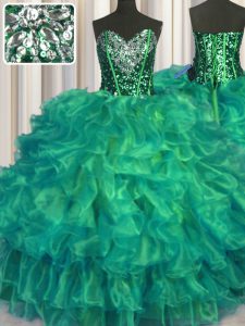 Chic Ball Gowns Sweet 16 Quinceanera Dress Turquoise Sweetheart Organza Sleeveless Floor Length Lace Up
