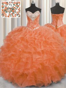 Sleeveless Organza Floor Length Lace Up Quinceanera Gowns in Orange Red with Beading and Ruffles