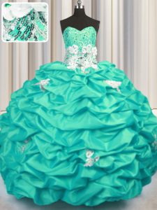 Fantastic Appliques and Sequins and Pick Ups Quinceanera Gown Turquoise Lace Up Sleeveless With Brush Train
