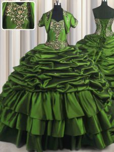 Lovely Pick Ups Brush Train Ball Gowns 15th Birthday Dress Green Sweetheart Taffeta Sleeveless With Train Lace Up