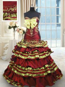 Stunning Sweetheart Sleeveless Taffeta Sweet 16 Dress Appliques and Embroidery and Ruffled Layers and Bowknot Sweep Train Lace Up