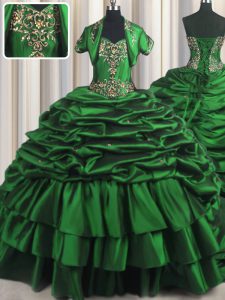 With Train Dark Green Quinceanera Gown Taffeta Brush Train Sleeveless Beading and Appliques and Pick Ups