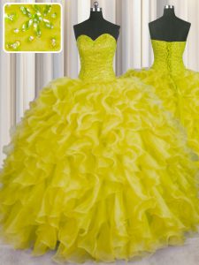 Sweet Yellow Sweetheart Lace Up Beading and Ruffles Quinceanera Dresses Sleeveless
