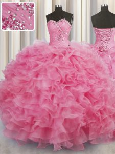 Sleeveless Organza Floor Length Lace Up Quinceanera Dresses in Rose Pink with Beading and Ruffles
