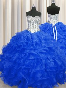 Royal Blue Ball Gowns Organza Sweetheart Sleeveless Beading and Ruffles Floor Length Lace Up Quinceanera Dresses
