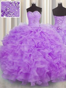 Lilac Quinceanera Gowns Military Ball and Sweet 16 and Quinceanera with Beading and Ruffles Sweetheart Sleeveless Lace Up