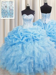 Visible Boning Baby Blue Ball Gowns Organza Sweetheart Sleeveless Beading and Ruffles and Pick Ups Floor Length Lace Up Sweet 16 Quinceanera Dress