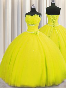 Top Selling Handcrafted Flower Yellow Lace Up Strapless Beading and Sequins and Hand Made Flower Quinceanera Gowns Tulle Sleeveless