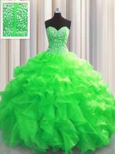 Visible Boning Beading and Ruffles Sweet 16 Quinceanera Dress Green Lace Up Sleeveless Floor Length