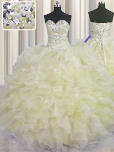 Excellent Light Yellow Lace Up Quince Ball Gowns Beading and Ruffles Sleeveless Floor Length
