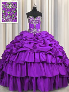 Purple Taffeta Lace Up Sweetheart Sleeveless Quince Ball Gowns Brush Train Beading and Embroidery and Ruffled Layers and Pick Ups