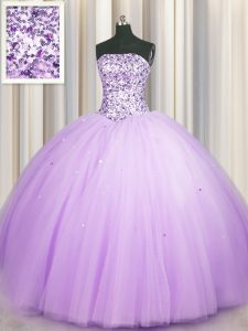 Really Puffy Lavender Lace Up Strapless Beading and Sequins 15th Birthday Dress Tulle Sleeveless