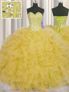Glorious Visible Boning Ball Gowns Quinceanera Gowns Yellow Sweetheart Organza Sleeveless Floor Length Lace Up