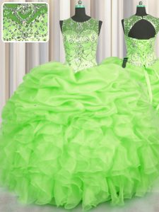 Fancy See Through Sleeveless Floor Length Beading and Ruffles and Pick Ups Lace Up 15th Birthday Dress with