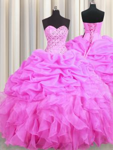 Pick Ups Floor Length Ball Gowns Sleeveless Rose Pink Quinceanera Dresses Lace Up