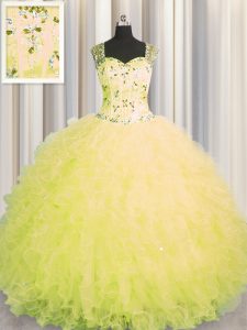 Super See Through Zipper Up Floor Length Yellow Quinceanera Gowns Tulle Sleeveless Beading and Ruffles