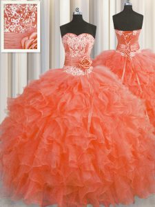 Handcrafted Flower Red Ball Gowns Beading and Ruffles and Hand Made Flower Sweet 16 Dresses Lace Up Organza Sleeveless Floor Length