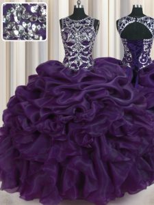 Hot Selling Scoop Dark Purple Sleeveless Beading and Pick Ups Floor Length Vestidos de Quinceanera