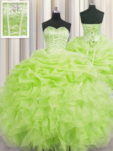Flare Visible Boning Sleeveless Organza Floor Length Lace Up Vestidos de Quinceanera in Yellow Green with Beading and Ruffles and Pick Ups