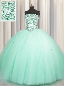 Puffy Skirt Apple Green Lace Up Quince Ball Gowns Beading and Sequins Sleeveless Floor Length
