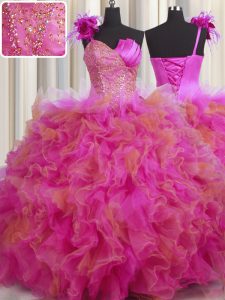 Latest One Shoulder Handcrafted Flower Floor Length Lace Up Sweet 16 Dress Multi-color for Military Ball and Sweet 16 and Quinceanera with Beading and Ruffles and Hand Made Flower