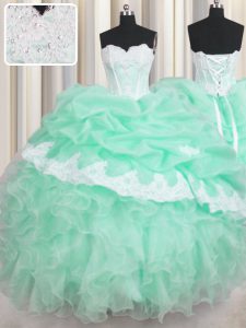Organza Sweetheart Sleeveless Lace Up Beading and Ruffles and Pick Ups Quinceanera Gown in Apple Green