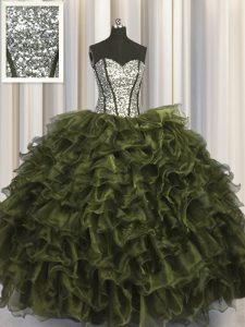 Modest Visible Boning Olive Green Sleeveless Floor Length Ruffles and Sequins Lace Up Quinceanera Gowns