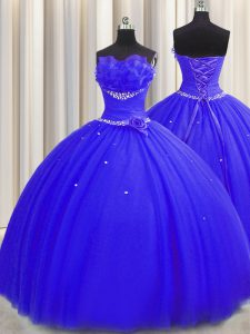 Handcrafted Flower Royal Blue Ball Gowns Tulle Strapless Sleeveless Beading and Ruching and Hand Made Flower Floor Length Lace Up Vestidos de Quinceanera