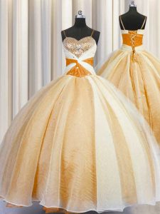 Great Floor Length Orange Vestidos de Quinceanera Spaghetti Straps Sleeveless Lace Up