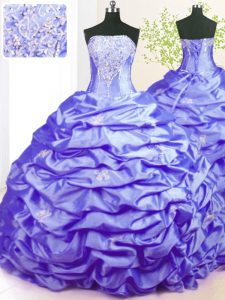 Nice Pick Ups Strapless Sleeveless Sweep Train Lace Up Ball Gown Prom Dress Lavender Taffeta