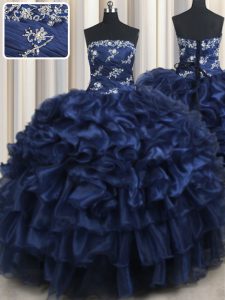 High End Navy Blue Ball Gowns Organza Strapless Sleeveless Appliques and Ruffles and Pick Ups Floor Length Lace Up Sweet 16 Dresses