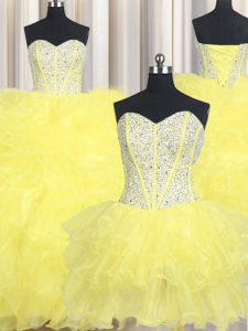 Three Piece Beading and Ruffles Quince Ball Gowns Yellow Lace Up Sleeveless Floor Length