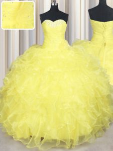 Modest Yellow Quinceanera Dress Military Ball and Sweet 16 and Quinceanera with Beading and Ruffles Sweetheart Sleeveless Lace Up