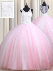 Dynamic Ball Gowns 15th Birthday Dress Pink And White Straps Tulle Sleeveless Floor Length Zipper