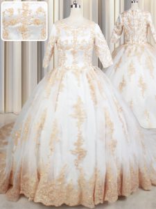 White Zipper Scoop Beading and Lace and Appliques Ball Gown Prom Dress Tulle Half Sleeves Court Train