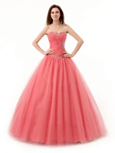Watermelon Red Tulle Lace Up Sweetheart Sleeveless Floor Length Sweet 16 Dress Beading and Ruching