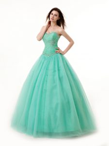 Floor Length Turquoise Quince Ball Gowns Chiffon Sleeveless Beading and Ruching
