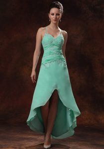 Cheap High Low Spaghetti Straps Quince Dama Dresses in Apple Green