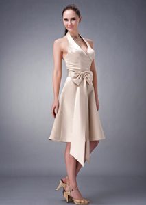 Champagne A-line Halter Tea-length Satin Romantic 16 Dresses for Damas