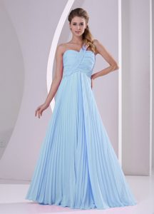 Baby Blue One Shoulder Brush Train Discount Dama Dresses with Pleats