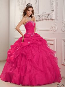Inexpensive Strapless Beaded Organza Quince Dresses in Coral Red