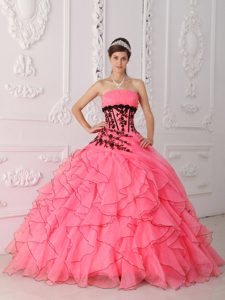 Lovely Strapless Coral Red Quinces Dress with Appliques and Ruffles