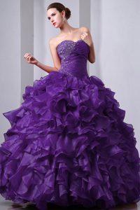 Purple A-line Sweetheart Ruffled Quinceanea Dress with Beading in Organza