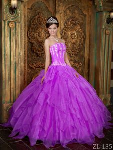 Purple Floor-length Strapless Appliques Quinceneara Dress in 2014