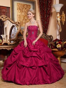 Red Taffeta Pick-ups Beaded Strapless Ball Gown Quinceanera Gown Dress